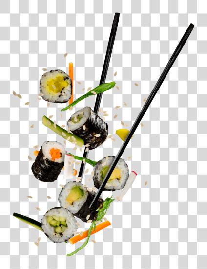 Download A Set Ot Chopsticks Grabbing A Suculent Sushi Roll Sushi PNG file