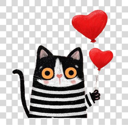 Download cute cartoon cat holding two heart shaped balloons PNG file