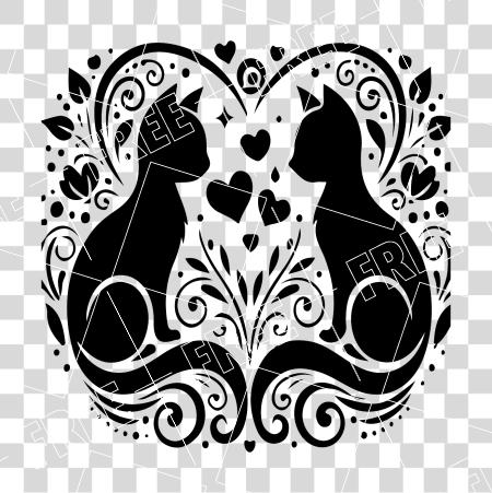 Download two stylized black cat silhouettes facing each other within a heart shaped frame PNG file