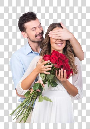 Download man give his lover a  flower bouquet gift and surprise her PNG file