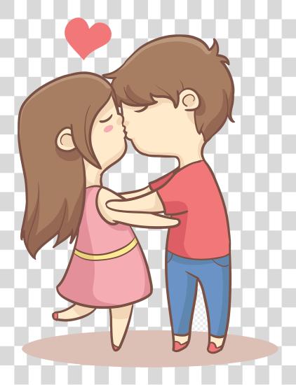 Download cartoon drawing of couple kissing with heart PNG file