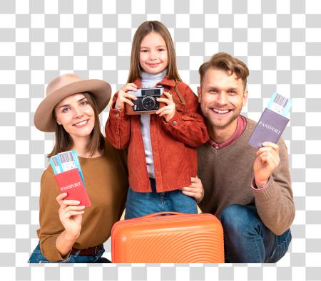 Download familia con hija sosteniendo pasaportes equipaje y listo a viaje PNG file