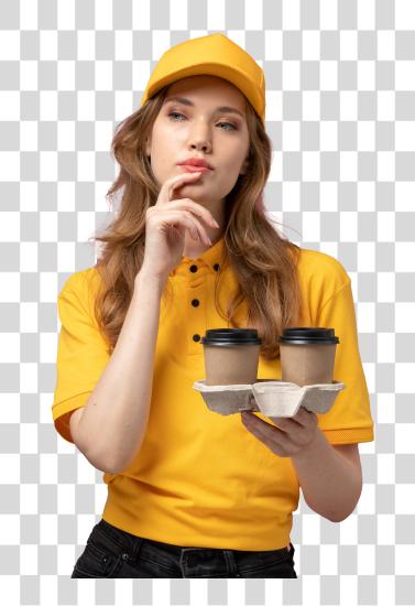 Download front view young female courier yellow uniform holding coffee cups posing with thinking expression  uniform delivery job service worker PNG file