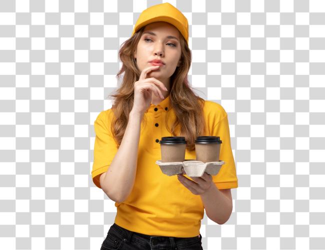 Download front view young female courier yellow uniform holding coffee cups posing with thinking expression  uniform delivery job service worker Clip Art