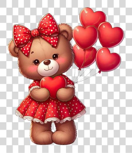 Download cute girl teddy bear dressed in a red polka dot dress holding heart PNG file