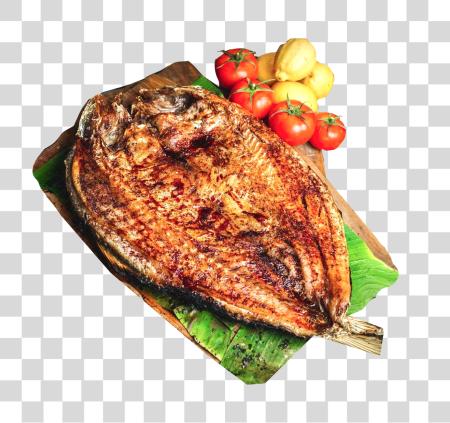 Download grilled fish with spices and served with tomatoes and lemons PNG file