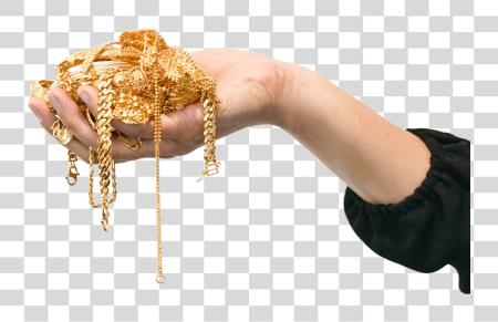 Download hand holding a pile of gold jewelry PNG file