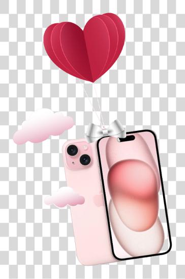 Download pink iPhone with a large red heart shaped balloon floating above it PNG file