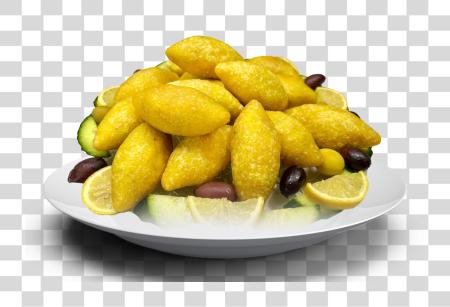 Download Kibbeh in a plate with lemon and olives PNG file