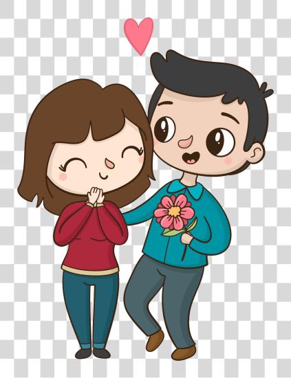 Download couple cartoon characters in love give his female a flower gift PNG file