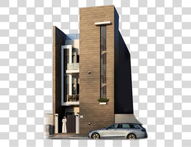 Download Modern Three-Story House with Geometric Facade Clip Art