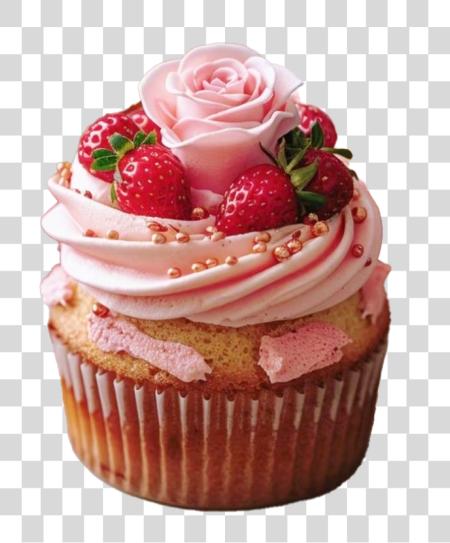 Download Pink Strawberry Cupcake with Rose Decoration PNG file