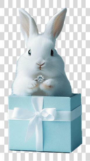 Download cute white rabbit sitting in a blue gift box with a white ribbon PNG file