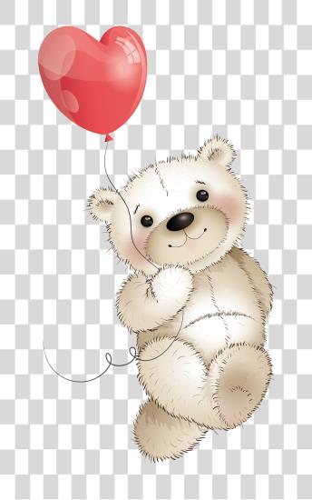 Download Cute White Teddy Bear with a Playful Smile. The Bear is Holding a Heart Shaped Red Balloon PNG file