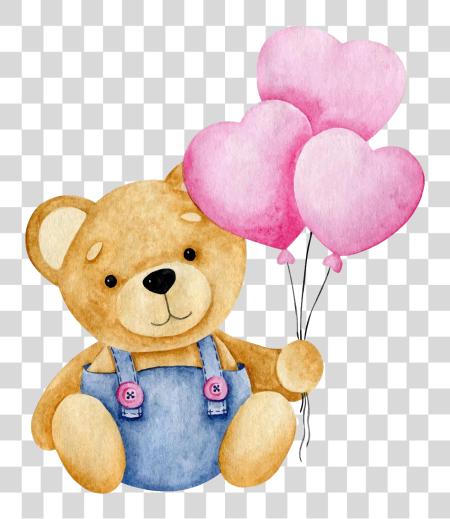 Download cute teddy bear holding a bunch of three pink heart shaped balloons PNG file