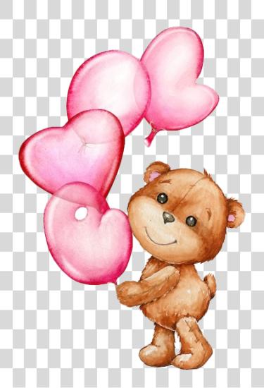 Download cute brown teddy bear holding three pink heart shaped balloons PNG file