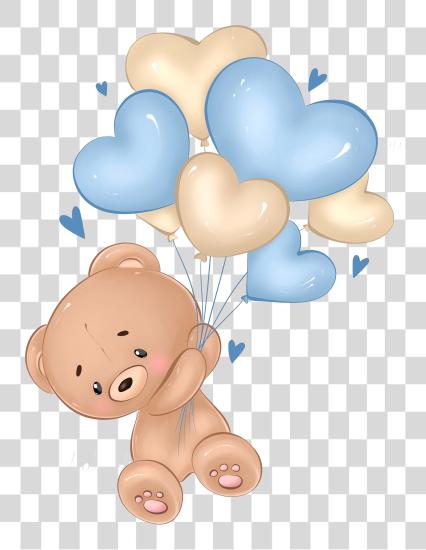 Download brown teddy bear holding a bunch of blue and beige heart shaped balloons PNG file