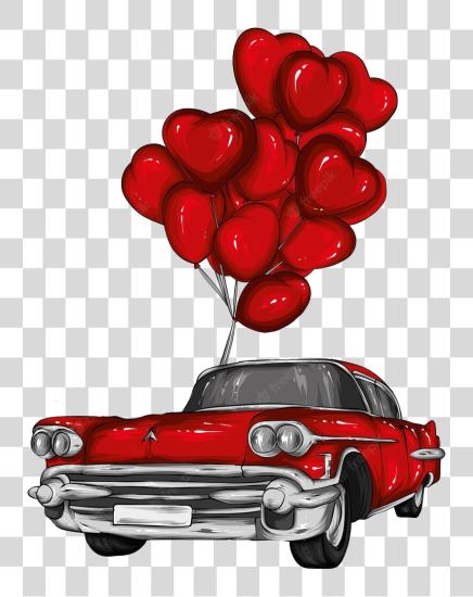 Download vintage rojo coche con a racimo of rojo corazón con forma de globos atado a el arriba PNG file