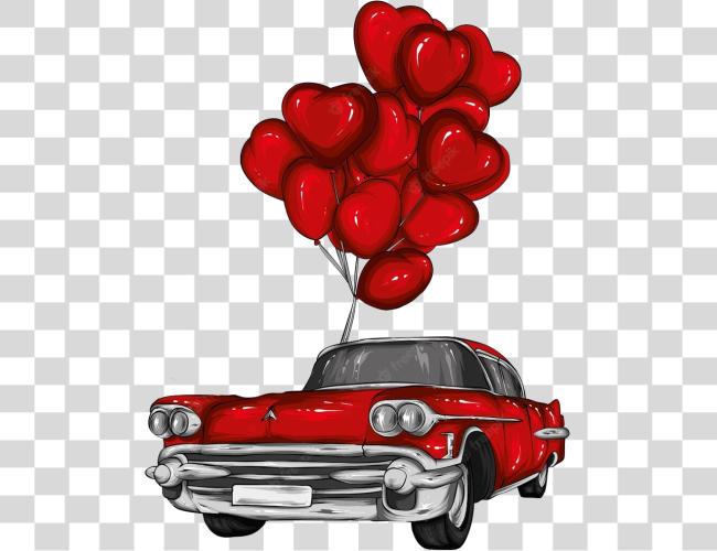 Download vintage red car with a bunch of red heart shaped balloons tied to the top Clip Art