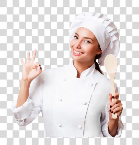 Download Women Restaurant Chef with OK Sign Gesture and Carrying Wooden Spoon PNG file